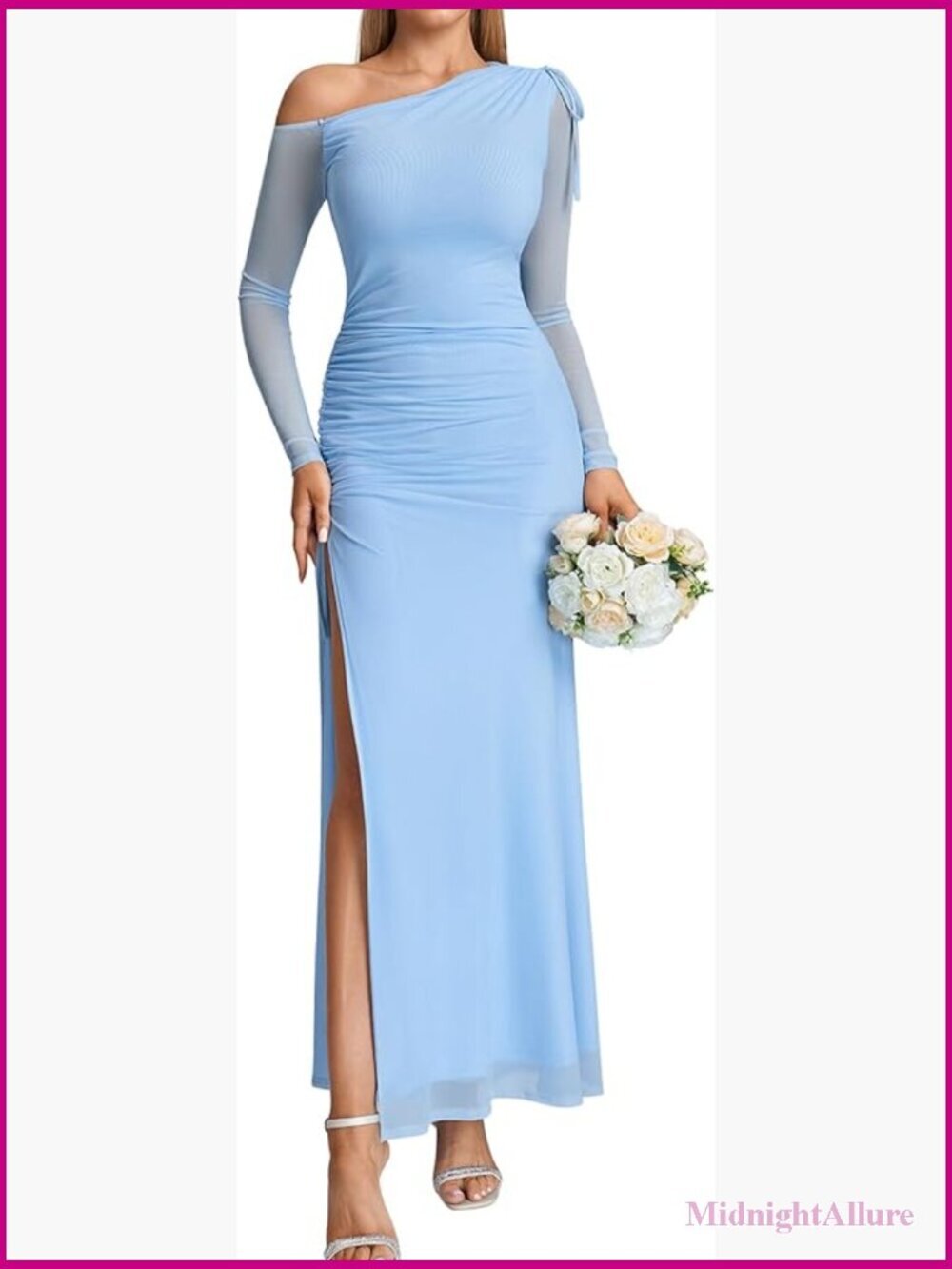 One Shoulder Long Sleeve Maxi Dress with Slit and Ruched Bodycon Fit